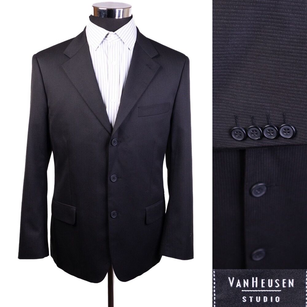 Van Heusen Mens 3 Button Modern Fit Blazer Jacket Striped Black Size 42s